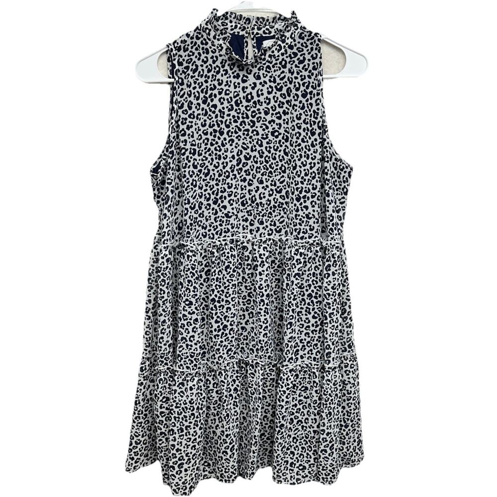 Mud Pie Womens Dress Size Medium Ruffle Neck Navy Blue Leopard Tiered